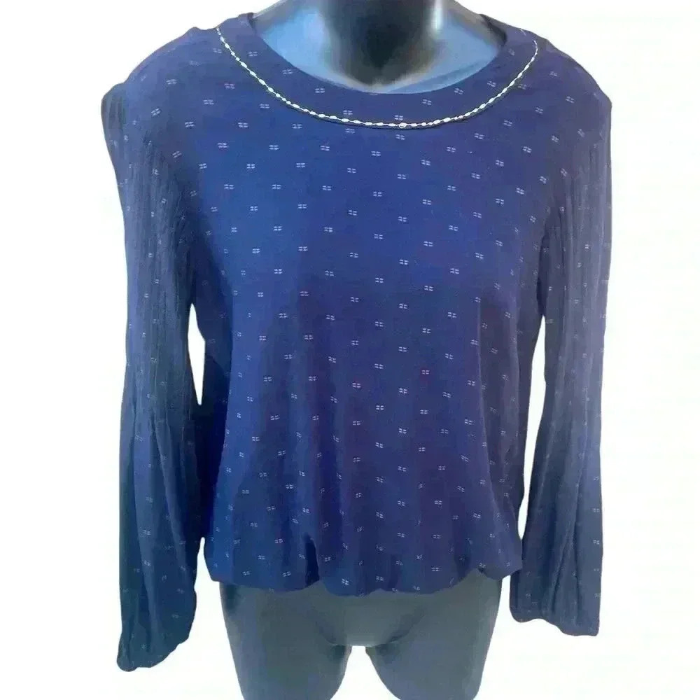 Fusion women’s Navy blue and gold ribbed statement sleeves elastic waist sz M